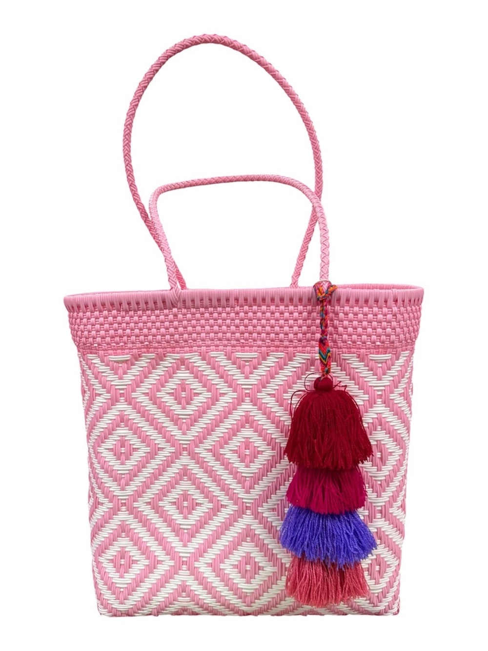 Mexican Pink Hand Woven Tote Bag with Tassel Pompom